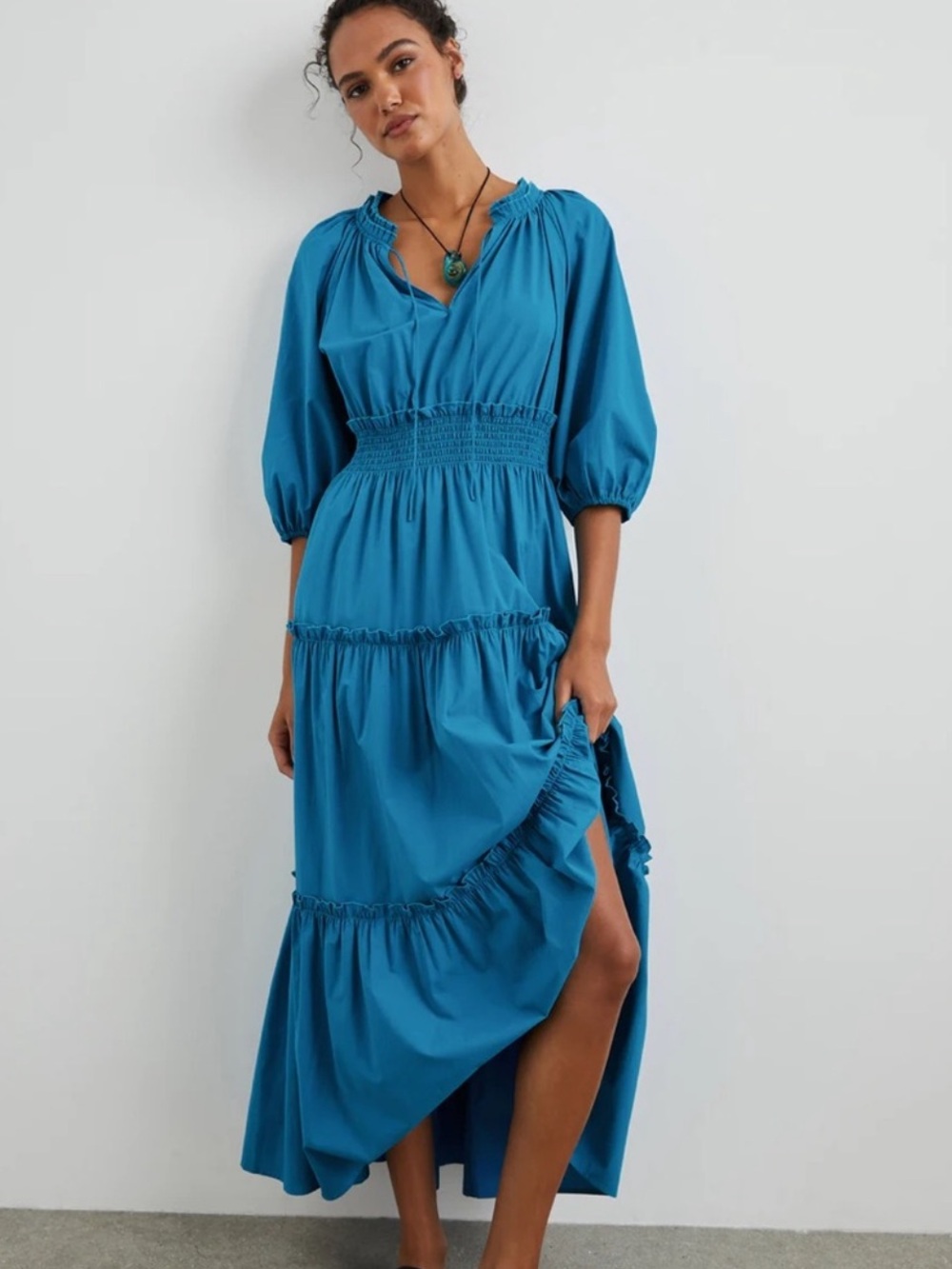 Rails  Blue Smocked Tiered High-Low Midi Dress